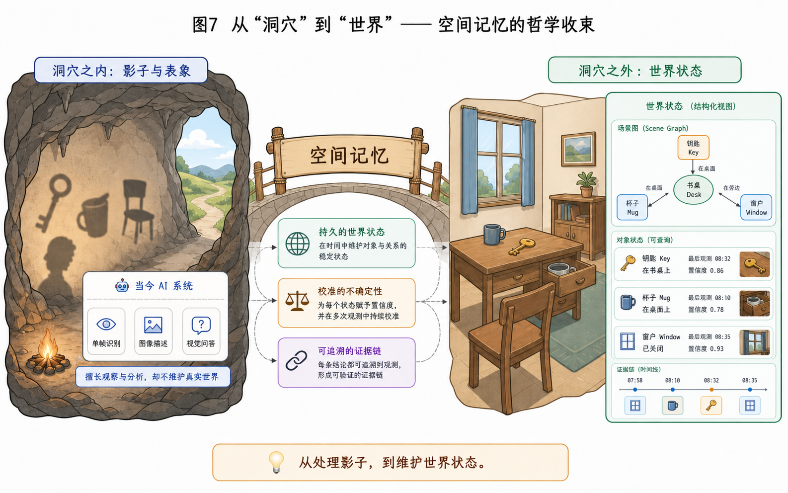 图 7 以可视化的方式呈现了这个类比：左侧"洞穴之内"是当今 AI 系统的现状——精于识别影子（单帧识别、图像描述、视觉问答），却缺少稳定的世界状态；右侧"洞穴之外"是空间记忆所承诺的方向——持久的世界状态、校准的不确定性、可追溯的证据链。